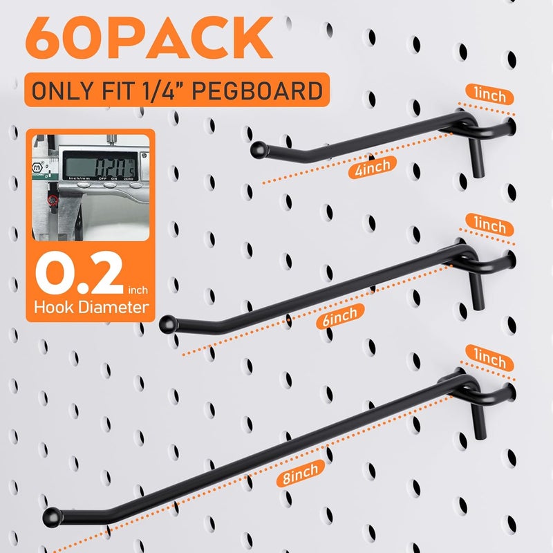 INCLY 60 Pack 4/6/8 Inch Black Pegboard Hooks, 1/4" Heavy Duty Peg Board Shelving Hooks Accessories, Peg Board Tool Hangers Fit 1/4" Pegboard for Organizing Garage, Craft Room, Kitchen, Store - Image 4